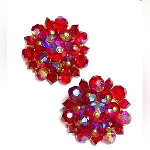 Clip Earrings Red AB Glass Bead Gold Vtg Estate Jewelry Vintage Pin N20